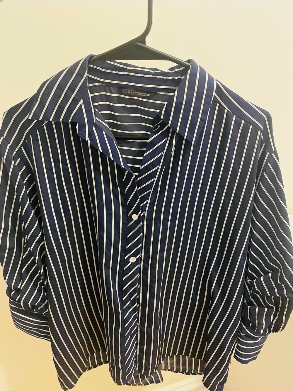 Zara Navy and White Vertical Stripe Button-Up Blouse